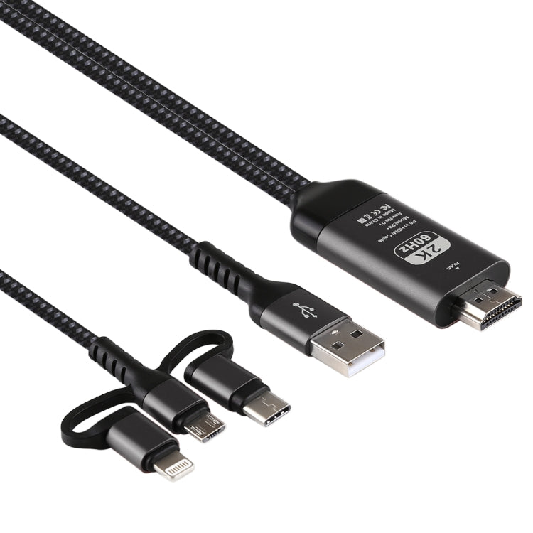 3 in 1 Micro USB + USB-C / Type-C + 8 Pin to HDMI HDTV Cable(Black) by buy2fix