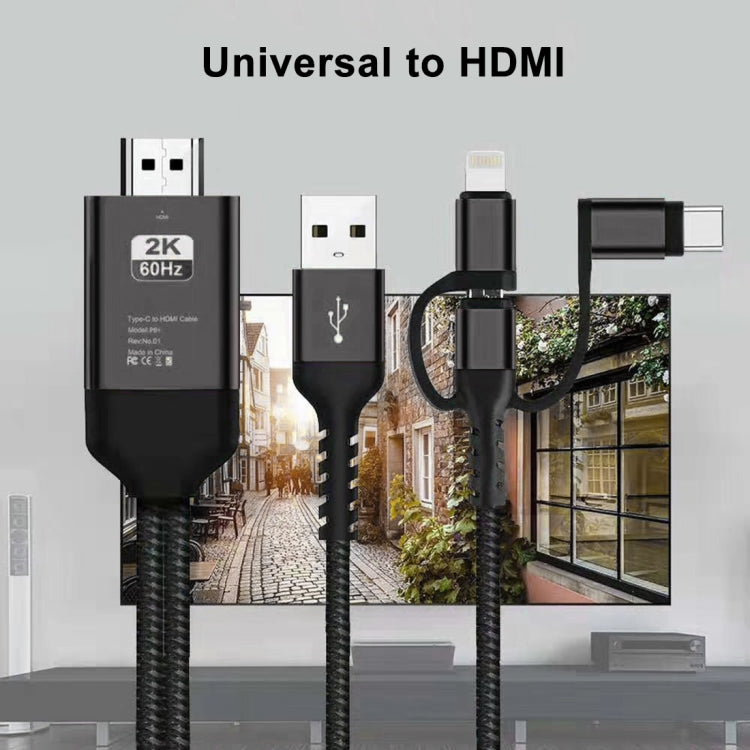 3 in 1 Micro USB + USB-C / Type-C + 8 Pin to HDMI HDTV Cable(Black) by buy2fix