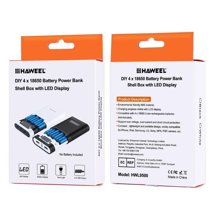 [US Warehouse] HAWEEL DIY 4 x 18650 Battery (Not Included) 10000mAh Power Bank Shell Box with 2 x USB Output & Display for iPhone, Galaxy, Sony, HTC, Google, Huawei, Xiaomi, Lenovo and other Smartphones(White) - Power Bank Box by HAWEEL | Online Shopping UK | buy2fix