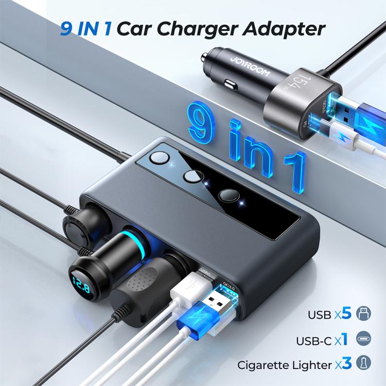 JOYROOM JR-CL06 9 in 1 210W PD USB-C / Type-C + Dual QC3.0 USB + 3 USB + 3 Cigarette Lighter Holes Digital Display Car Charger (Black) - Car Charger by JOYROOM | Online Shopping UK | buy2fix
