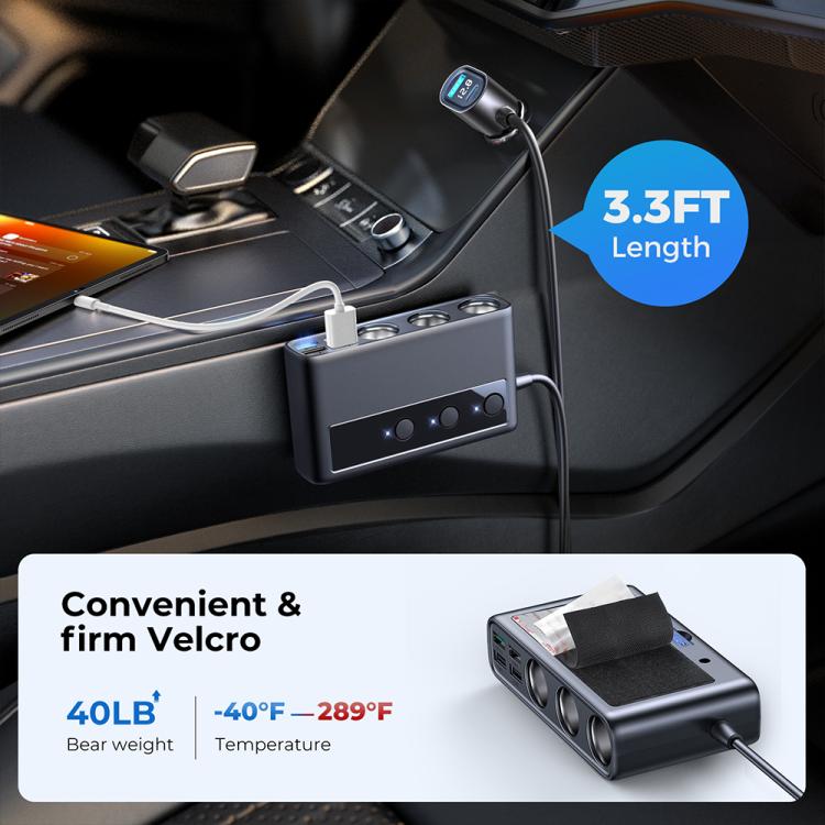 JOYROOM JR-CL06 9 in 1 210W PD USB-C / Type-C + Dual QC3.0 USB + 3 USB + 3 Cigarette Lighter Holes Digital Display Car Charger (Black) - Car Charger by JOYROOM | Online Shopping UK | buy2fix