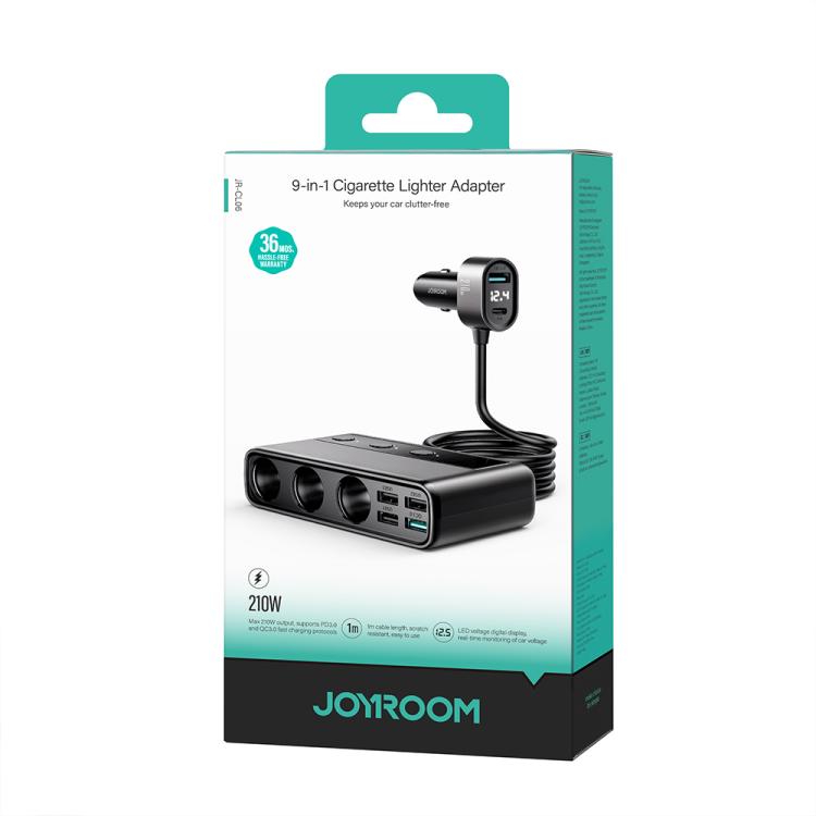 JOYROOM JR-CL06 9 in 1 210W PD USB-C / Type-C + Dual QC3.0 USB + 3 USB + 3 Cigarette Lighter Holes Digital Display Car Charger (Black) - Car Charger by JOYROOM | Online Shopping UK | buy2fix