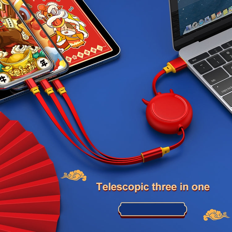 K042 1.2m 3A 3 in 1 USB to 8 Pin + USB-C / Type-C + Micro USB Bull Head Retractable Data Cable by buy2fix