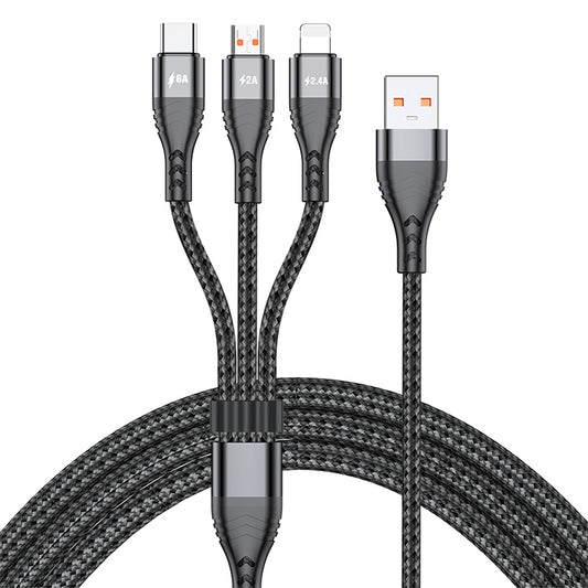 ADC-138 66W 3 in 1 USB to 8 Pin + Micro USB + USB-C / Type-C Fast Charging Braided Data Cable, Cable Length: 1.2m(Black) by buy2fix