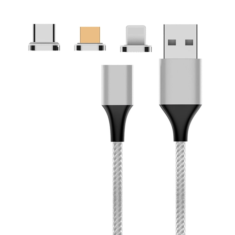 M11 3 in 1 3A USB to 8 Pin + Micro USB + USB-C / Type-C Nylon Braided Magnetic Data Cable, Cable Length: 2m (Silver) by buy2fix