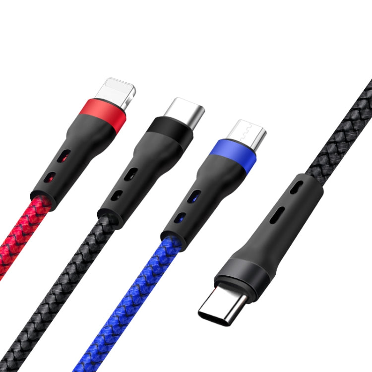 100W 6A Type-C to 8 Pin+Type-C+Micro USB Charging Data Cable, 1.3m(Black Red Blue) by buy2fix