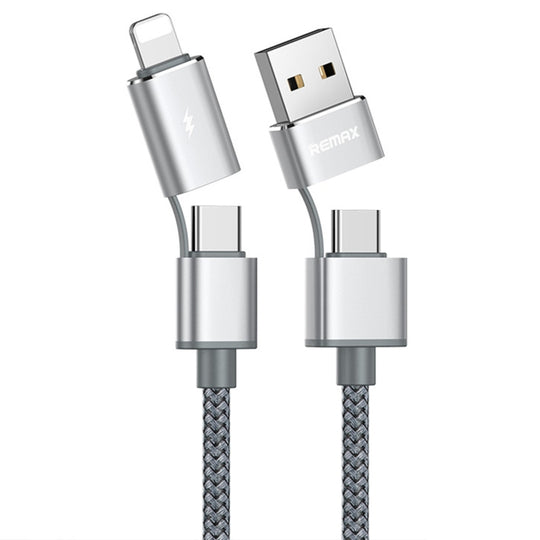 REMAX RC-020t 2.4A Aurora Series 4 in 1 8 Pin + USB +2 x Type-C Data Snyc Charging Cable, Cable Length: 1m(Silver)