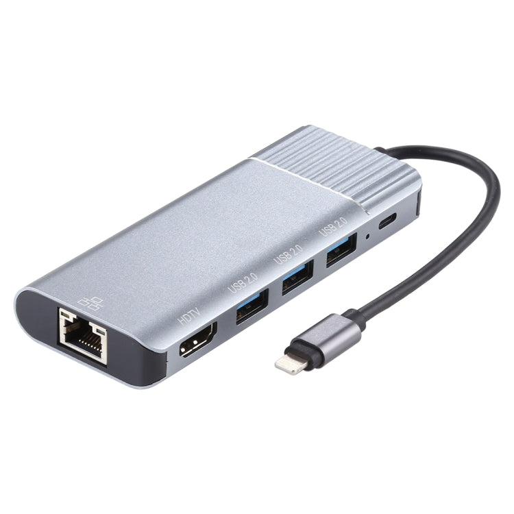 6 in 1 USB 2.0 x 3 + HDMI + RJ45 + 8 Pin Female Charging Port to 8 Pin Male Multi-function Dock Station Adapter by buy2fix