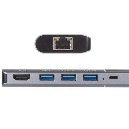6 in 1 USB 2.0 x 3 + HDMI + RJ45 + 8 Pin Female Charging Port to 8 Pin Male Multi-function Dock Station Adapter by buy2fix