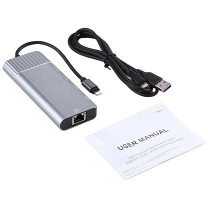 6 in 1 USB 2.0 x 3 + HDMI + RJ45 + 8 Pin Female Charging Port to 8 Pin Male Multi-function Dock Station Adapter by buy2fix