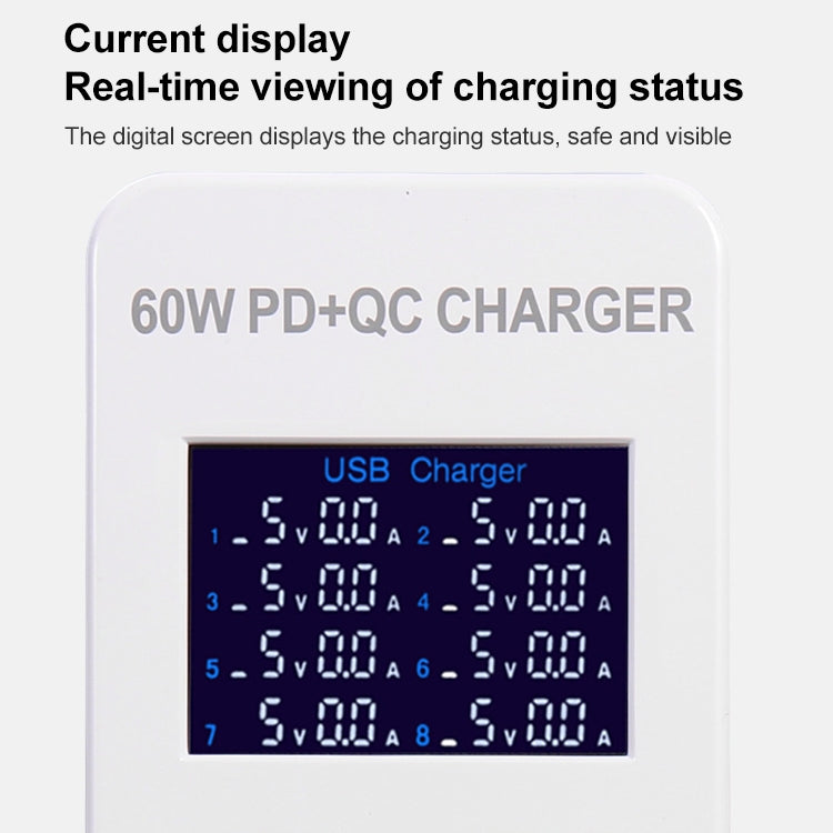 A8T 60W 8 Ports USB + QC3.0 + PD Type-C Smart Charging Station with Digital Display AC100-240V, US Plug by buy2fix
