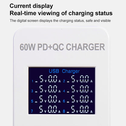 A8T 60W 8 Ports USB + QC3.0 + PD Type-C Smart Charging Station with Digital Display AC100-240V, US Plug by buy2fix