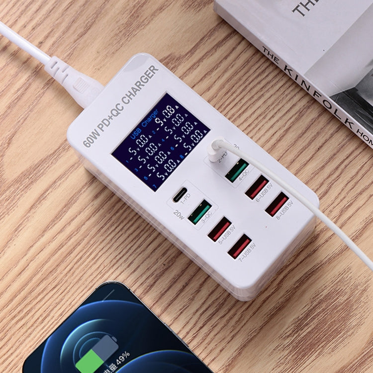 A8T 60W 8 Ports USB + QC3.0 + PD Type-C Smart Charging Station with Digital Display AC100-240V, EU Plug by buy2fix