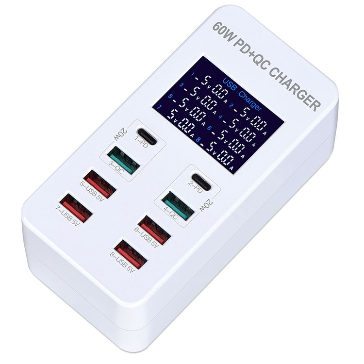A8T 60W 8 Ports USB + QC3.0 + PD Type-C Smart Charging Station with Digital Display AC100-240V, EU Plug by buy2fix