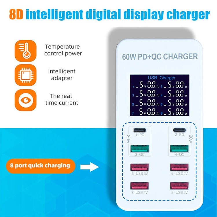 A8T 60W 8 Ports USB + QC3.0 + PD Type-C Smart Charging Station with Digital Display AC100-240V, EU Plug by buy2fix