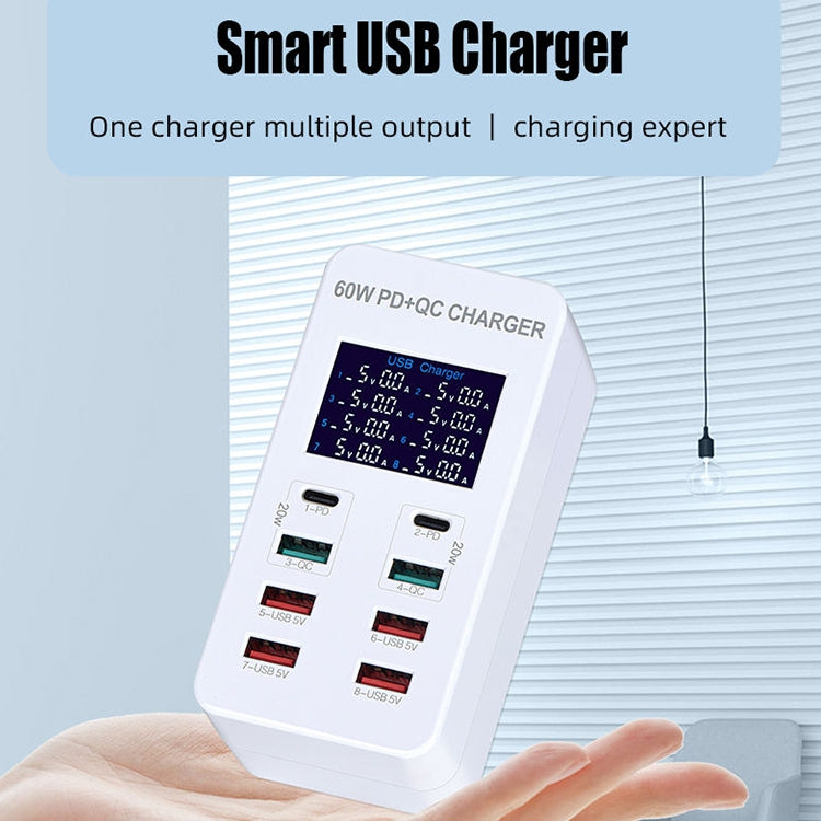 A8T 60W 8 Ports USB + QC3.0 + PD Type-C Smart Charging Station with Digital Display AC100-240V, EU Plug by buy2fix