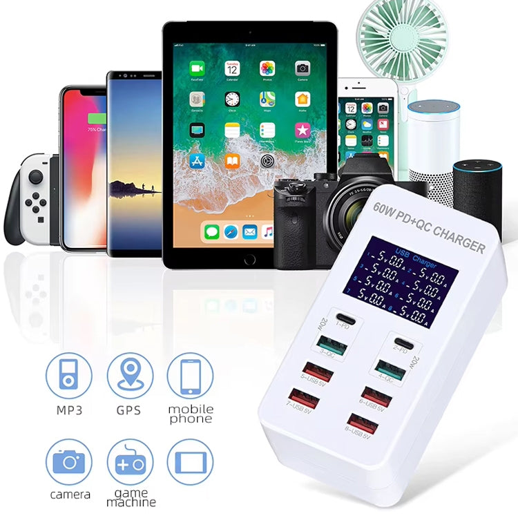 A8T 60W 8 Ports USB + QC3.0 + PD Type-C Smart Charging Station with Digital Display AC100-240V, EU Plug by buy2fix