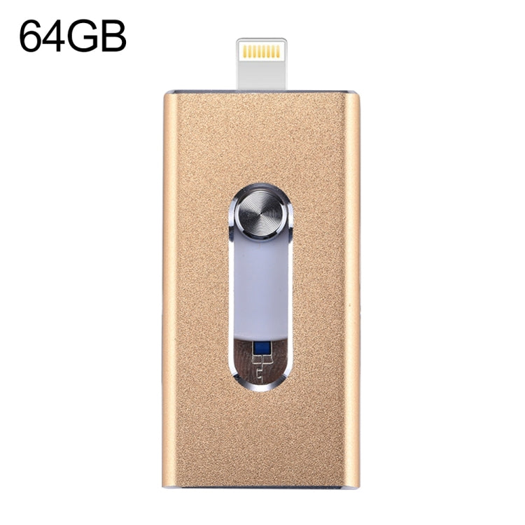 RQW-02 3 in 1 USB 2.0 & 8 Pin & Micro USB 64GB Flash Drive(Gold) by buy2fix