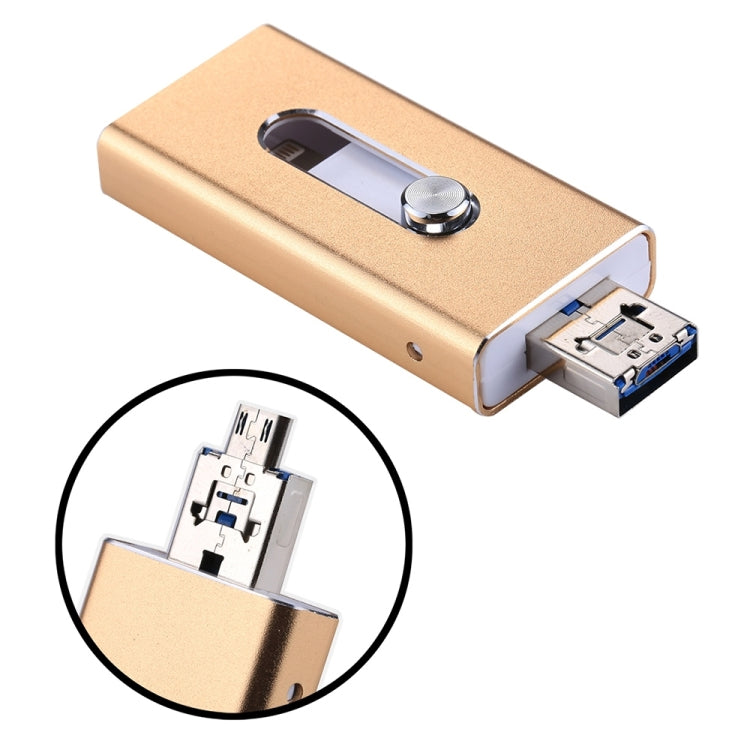 RQW-02 3 in 1 USB 2.0 & 8 Pin & Micro USB 128GB Flash Drive(Gold) by buy2fix