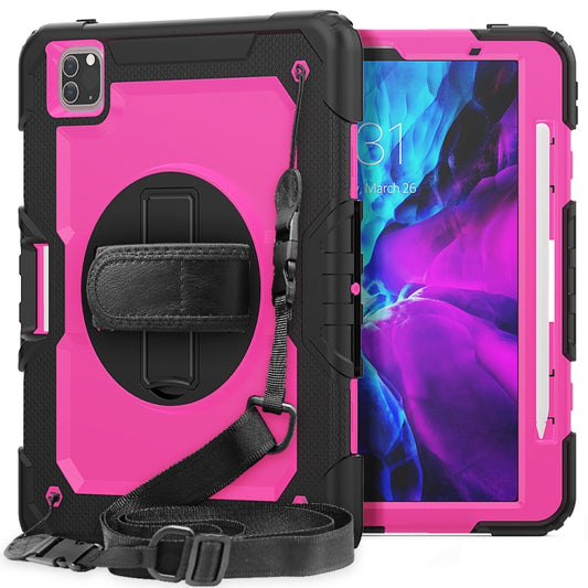 For iPad Pro 11 inch (2018) / Pro 11 inch (2020) Shockproof Black Silica Gel + Colorful PC Protective Tablet Case with Holder & Shoulder Strap & Hand Strap & Pen Slot(Rose Red) - iPad Pro 11 (2020) Cases by buy2fix | Online Shopping UK | buy2fix