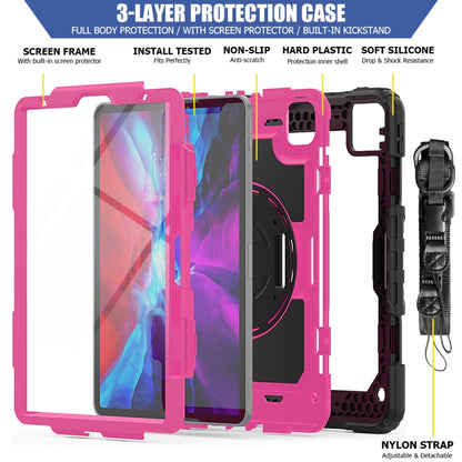 For iPad Pro 11 inch (2018) / Pro 11 inch (2020) Shockproof Black Silica Gel + Colorful PC Protective Tablet Case with Holder & Shoulder Strap & Hand Strap & Pen Slot(Rose Red) - iPad Pro 11 (2020) Cases by buy2fix | Online Shopping UK | buy2fix