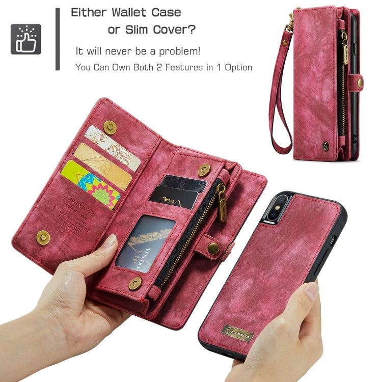 For iPhone X / XS CaseMe-008 TPU + PC Magnetic Absorption Detachable Back Cover Horizontal Flip Leather Case with Holder & Card Slots & Zipper Wallet & Photo Frame(Red) - More iPhone Cases by CaseMe | Online Shopping UK | buy2fix
