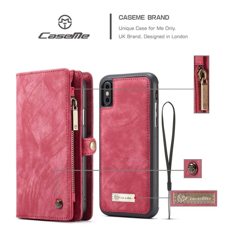 For iPhone X / XS CaseMe-008 TPU + PC Magnetic Absorption Detachable Back Cover Horizontal Flip Leather Case with Holder & Card Slots & Zipper Wallet & Photo Frame(Red) - More iPhone Cases by CaseMe | Online Shopping UK | buy2fix