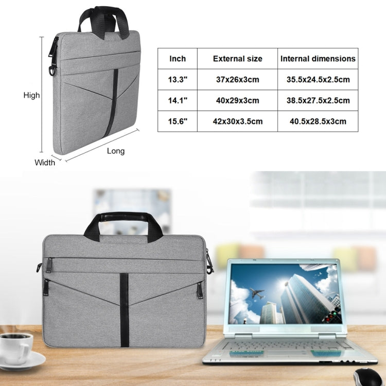 14.1 inch Breathable Wear-resistant Fashion Business Shoulder Handheld Zipper Laptop Bag with Shoulder Strap (Light Grey) by buy2fix