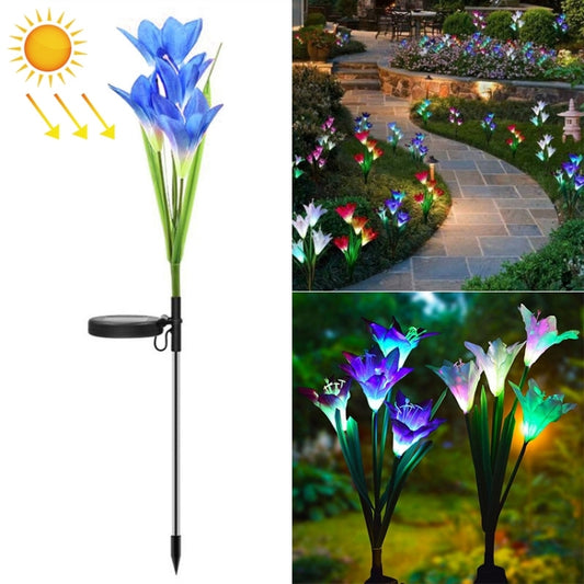 Simulated Lily Flower 4 Heads Solar Powered Outdoor IP55 Waterproof LED Decorative Lawn Lamp, Colorful Light (Blue) by buy2fix