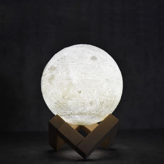 8cm Touch Control 3D Print Moon Lamp, USB Charging White + Yellow Light Color Changing LED Energy-saving Night Light with Wooden Holder Base by buy2fix