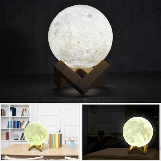 15cm Touch Control 3D Print Moon Lamp, USB Charging White + Yellow Light Color Changing LED Energy-saving Night Light with Wooden Holder Base by buy2fix