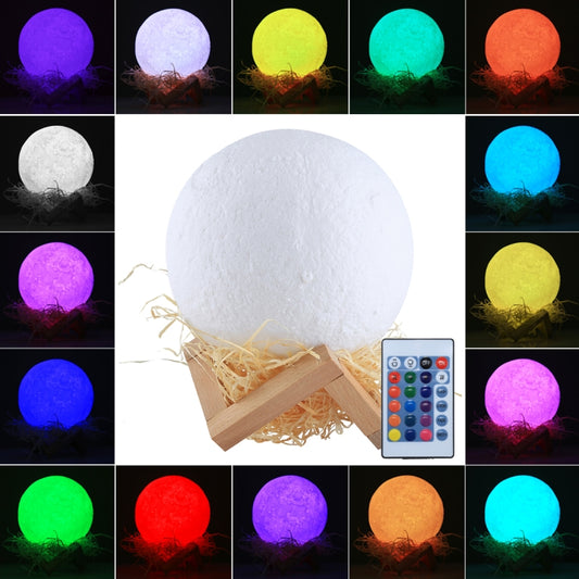 15cm Touch Control 3D Print Moon Lamp, USB Charging 16-color Changing LED Energy-saving Night Light with Wooden Holder Base & Remote Control by buy2fix
