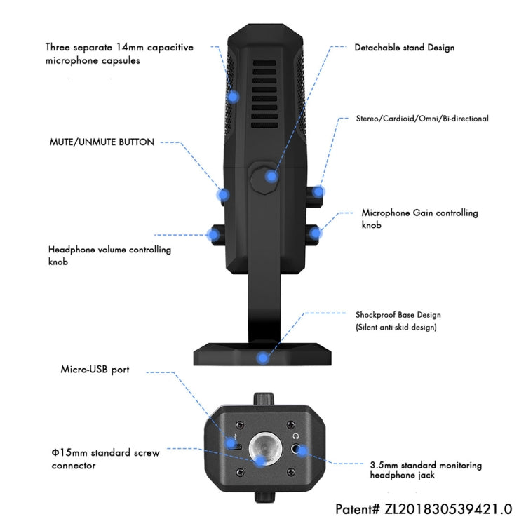 Yanmai SF-900 Multi-function Four Directivity Studio Recording Condenser Microphone with Desktop Stand(Blue) - Microphone by Yanmai | Online Shopping UK | buy2fix