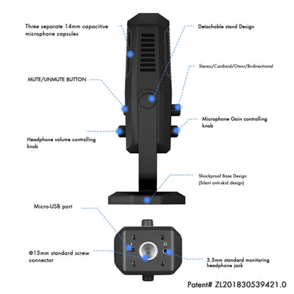 Yanmai SF-900 Multi-function Four Directivity Studio Recording Condenser Microphone with Desktop Stand(Blue) - Microphone by Yanmai | Online Shopping UK | buy2fix