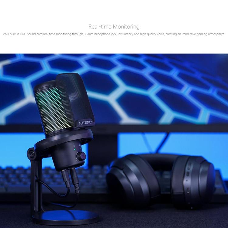 FEELWORLD VM1 USB Condenser Gaming Microphone for Streaming Noise Cancellation Mute RGB Light Desktop Stand (Black) - Microphone by FEELWORLD | Online Shopping UK | buy2fix