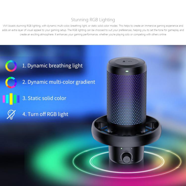 FEELWORLD VM1 USB Condenser Gaming Microphone for Streaming Noise Cancellation Mute RGB Light Desktop Stand (Black) - Microphone by FEELWORLD | Online Shopping UK | buy2fix