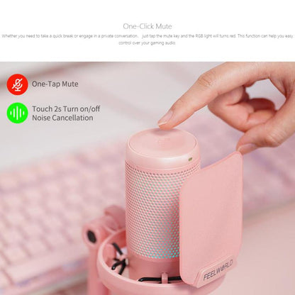 FEELWORLD VM1 USB Condenser Gaming Microphone for Streaming Noise Cancellation Mute RGB Light Desktop Stand (Pink) - Microphone by FEELWORLD | Online Shopping UK | buy2fix