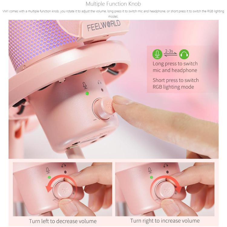 FEELWORLD VM1 USB Condenser Gaming Microphone for Streaming Noise Cancellation Mute RGB Light Boom Arm Stand (Pink) - Microphone by FEELWORLD | Online Shopping UK | buy2fix