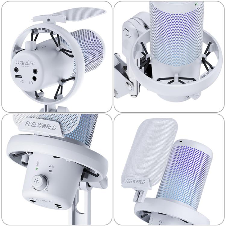FEELWORLD VM1 USB Condenser Gaming Microphone for Streaming Noise Cancellation Mute RGB Light Boom Arm Stand (White) - Microphone by FEELWORLD | Online Shopping UK | buy2fix
