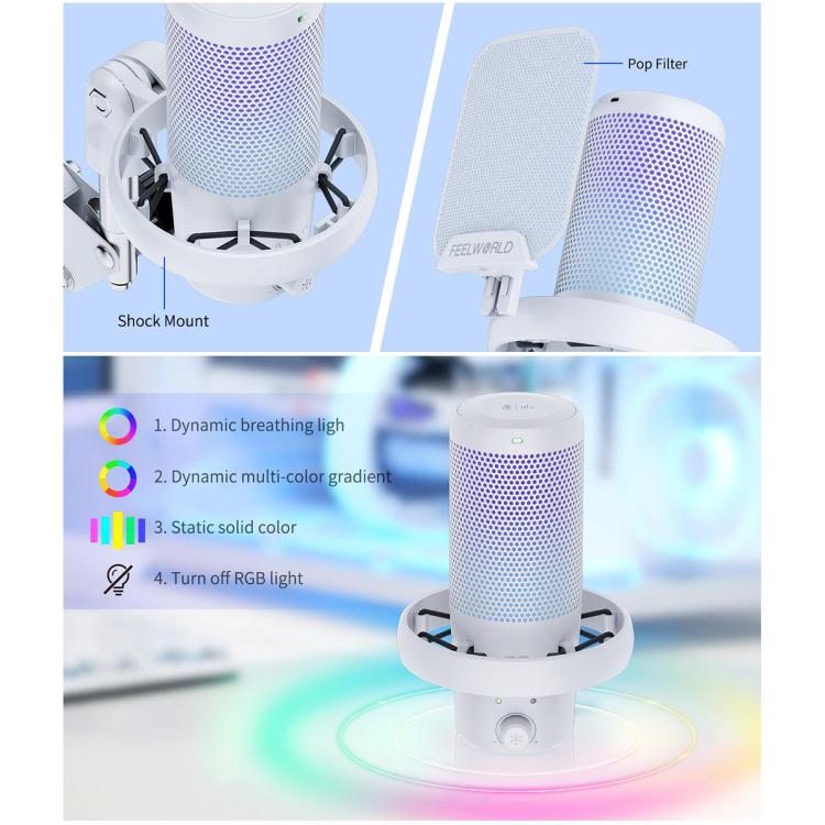 FEELWORLD VM1 USB Condenser Gaming Microphone for Streaming Noise Cancellation Mute RGB Light Boom Arm Stand (White) - Microphone by FEELWORLD | Online Shopping UK | buy2fix