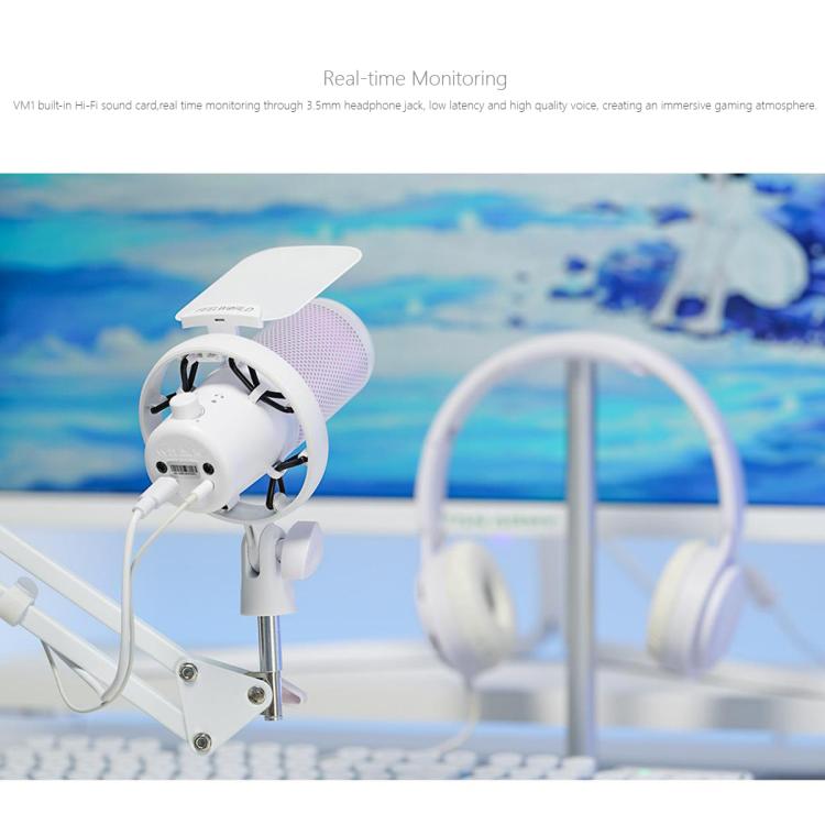 FEELWORLD VM1 USB Condenser Gaming Microphone for Streaming Noise Cancellation Mute RGB Light Boom Arm Stand (White) - Microphone by FEELWORLD | Online Shopping UK | buy2fix