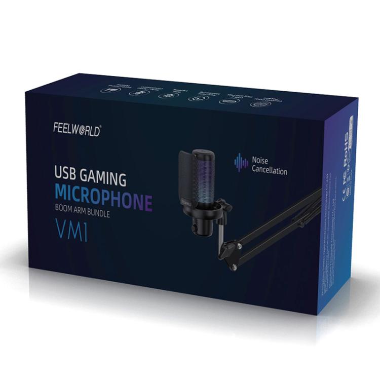 FEELWORLD VM1 USB Condenser Gaming Microphone for Streaming Noise Cancellation Mute RGB Light Boom Arm Stand (White) - Microphone by FEELWORLD | Online Shopping UK | buy2fix