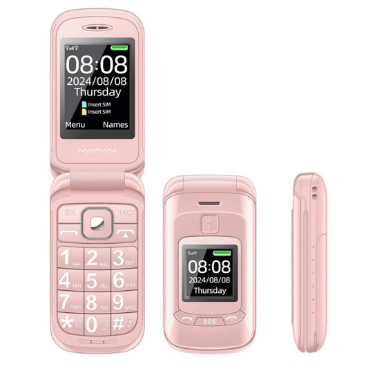 Mafam F899 Flip Phone, 2.4 inch, 32MB+32MB, Support FM, SOS, GSM, Family Number, Big Keys, Dual SIM, EU Plug (Pink)
