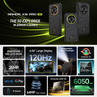 Ulefone Armor X31 Pro 5G, 8GB+256GB, Night Vision, IP68/IP69K Rugged Phone, 6.56 inch Android 14 MediaTek Dimensity 6300 Octa Core, Network: 5G, NFC, OTG (Green) - Ulefone by Ulefone | Online Shopping UK | buy2fix