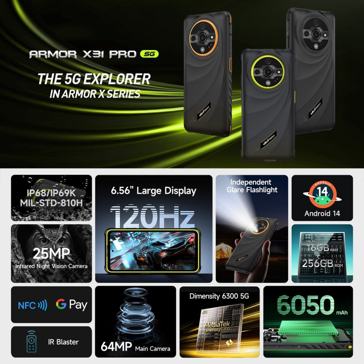 Ulefone Armor X31 Pro 5G, 8GB+256GB, Night Vision, IP68/IP69K Rugged Phone, 6.56 inch Android 14 MediaTek Dimensity 6300 Octa Core, Network: 5G, NFC, OTG (Black) - Ulefone by Ulefone | Online Shopping UK | buy2fix