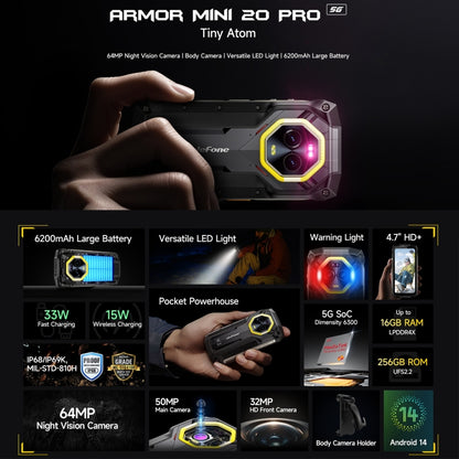 Ulefone Armor Mini 20 Pro, 8GB+256GB, IP68/IP69K Rugged Phone, 4.7 inch Android 14 MediaTek Dimensity 6300 5G Octa Core, Network: 5G, NFC, OTG (Mecha Black) - Ulefone by Ulefone | Online Shopping UK | buy2fix