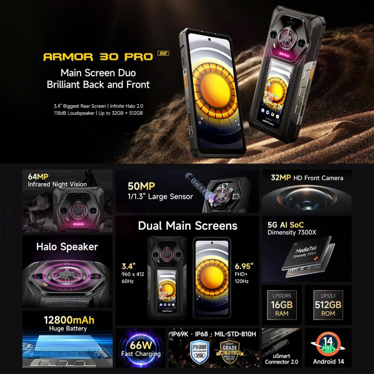 Ulefone Armor 30 Pro Rugged Phone, 16GB+512GB, Night Vision, 6.95 inch + 3.4 inch Dual Screen Android 14 MediaTek Dimensity 7300X Octa Core, Network: 5G, OTG, NFC (Black) - Ulefone by Ulefone | Online Shopping UK | buy2fix