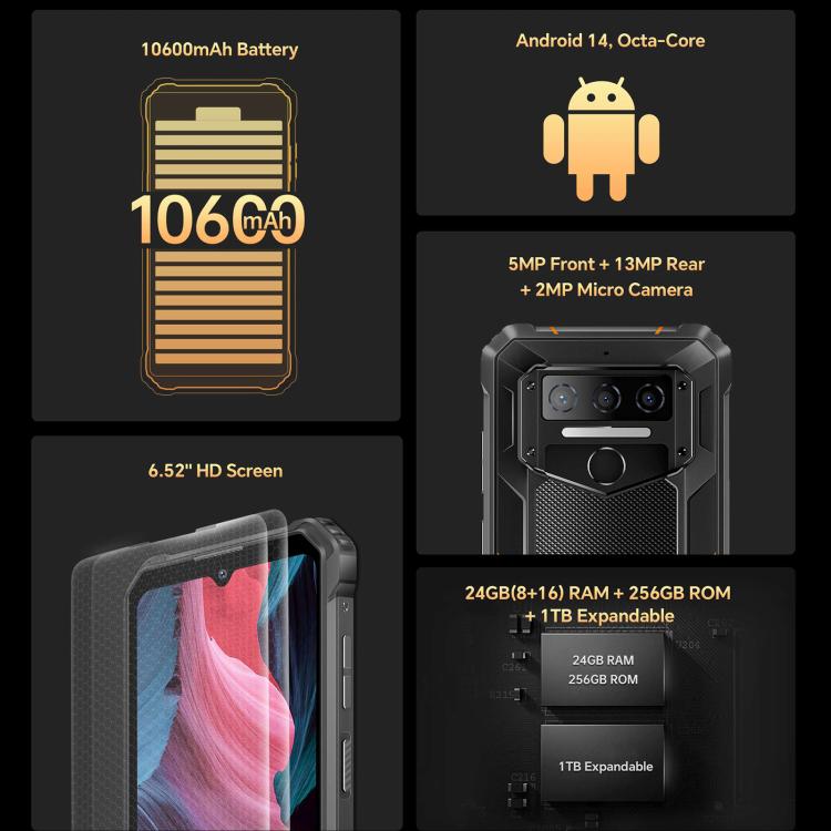 Oukitel WP23 Plus Rugged Phone, 8GB+256GB, 6.52 inch Android 14.0Unisoc T606 Octa-core, NFC, OTG, Network: 4G (Black) - OUKITEL by OUKITEL | Online Shopping UK | buy2fix