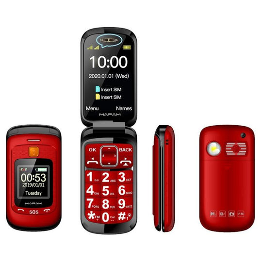 Mafam F899 Flip Phone, 2.4 inch, 32MB+32MB, Support FM, SOS, GSM, Family Number, Big Keys, Dual SIM, UK Plug (Red)