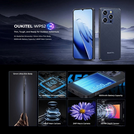 Oukitel WP52 5G Rugged Phone, 4GB+256GB, 6.6 inch Android 14.0 MediaTek Dimensity 6100+ Octa-core, NFC, OTG, Network: 5G (Black) - OUKITEL by OUKITEL | Online Shopping UK | buy2fix